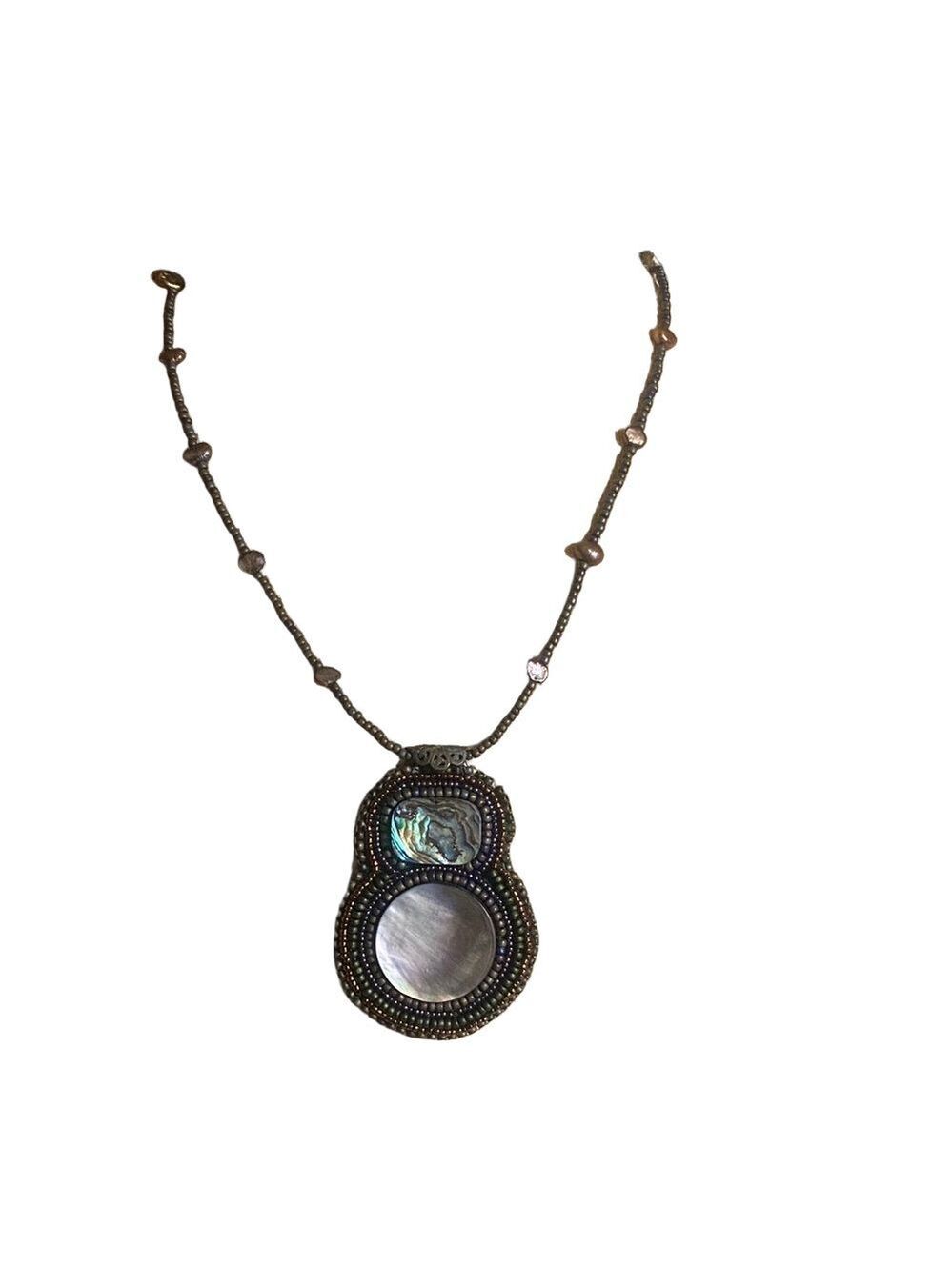 Handmade Abalone & Gray Cabochon Beaded Necklace